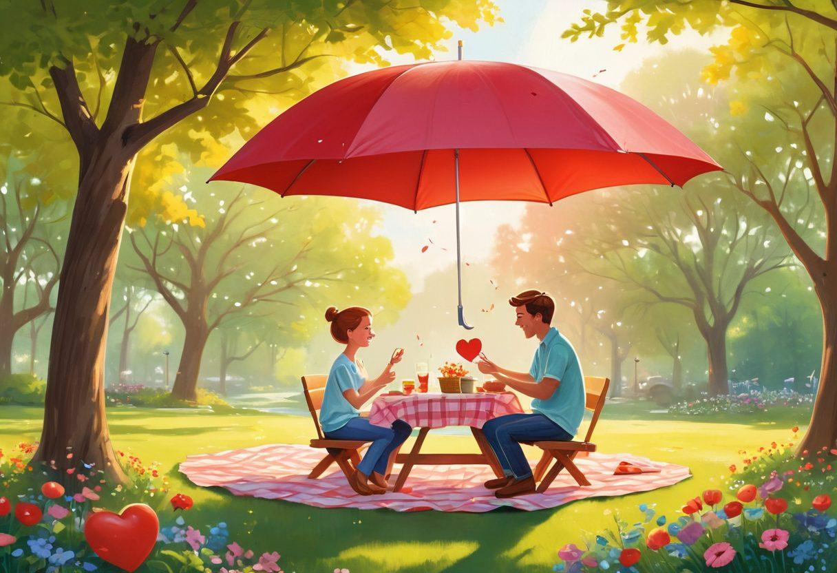 A whimsical illustration depicting two cartoon characters, personifying 'Coverage' and 'Insurance Options', sharing a romantic picnic under a heart-shaped insurance umbrella. Surround them with various icons like health, home, and auto insurance represented as colorful balloons floating in the sky. Include a serene park setting with blooming flowers and soft sunlight filtering through the trees. vector art. vibrant colors. playful and charming.