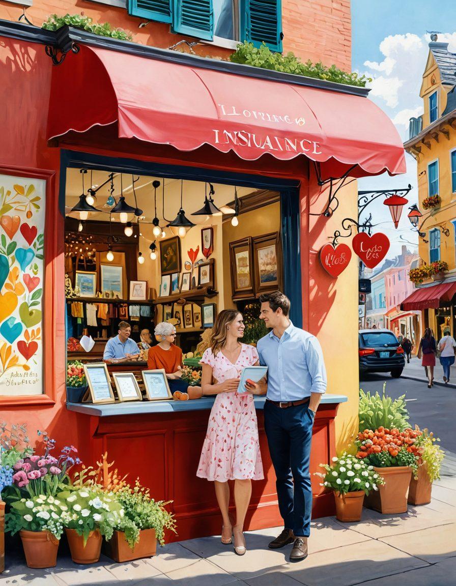A whimsical scene depicting a couple joyfully exploring a colorful marketplace filled with various insurance options displayed like art pieces, each framed beautifully. In the background, a heart-shaped sign symbolizes love and protection, while soft sunlight bathes the scene in warmth. The couple, engaged and happy, are interacting with a friendly insurance advisor, creating a sense of trust and collaboration. The environment is lively, with vibrant colors and playful illustrations. painting. vibrant colors. whimsical style.