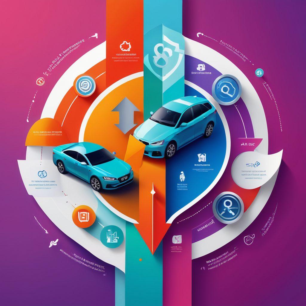 A visually engaging collage representing different types of insurance solutions, featuring icons like a stethoscope for health, a car for auto, and a shield for security. The background should blend vibrant colors, transitioning smoothly from healthcare elements on one side to automotive elements on the other. Include subtle, dynamic graphics such as arrows or pathways that connect the two themes, symbolizing navigation. The overall feel should be modern and professional. vector art. vibrant colors. 3D.